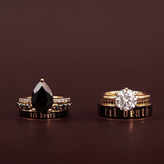 two side by side ring stacks, one featuring a large black onyx gemstone ring and the other a white diamond round solitaire against a red/brown background