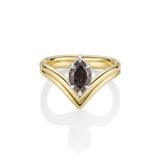 Til Death World one-of-a-kind 1.53ct marquise galaxy diamond ring, held in white gold prongs on a V-shaped yellow gold double shank