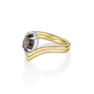 1.53ct marquise galaxy diamond ring, side view of the sculptural V-shaped double shank in yellow gold