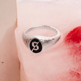 silver initial enamel signet ring