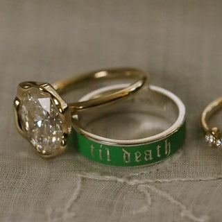 Scheele's Green white gold til death band with yellow gold engagement ring
