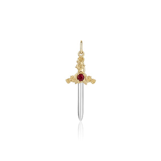 large cross my heart dagger charm - gold & garnet