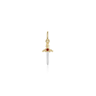 small cross my heart dagger charm - gold & garnet