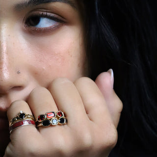 Three-ring stack on the hand featuring the 4mm Onyx Sempre Ring