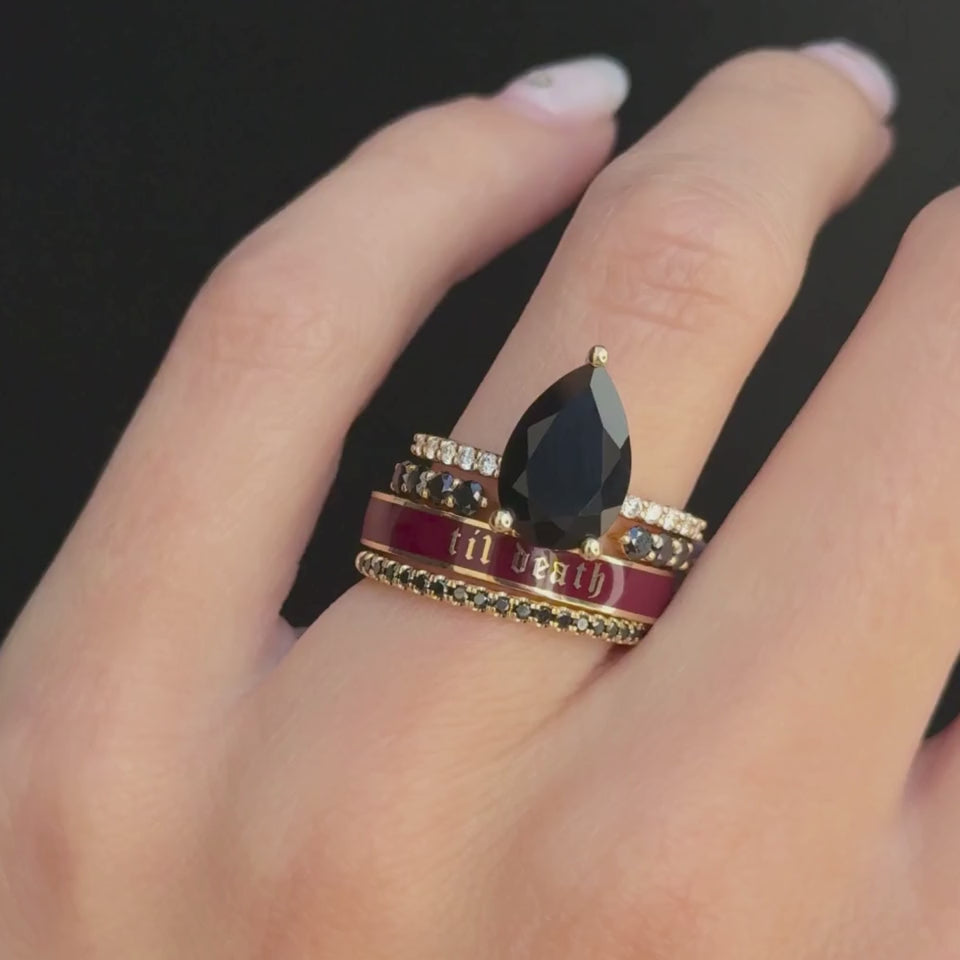 Video of the 4mm Til Death Cherry Mocha enamel band stacked with a black onyx pear ring on hand