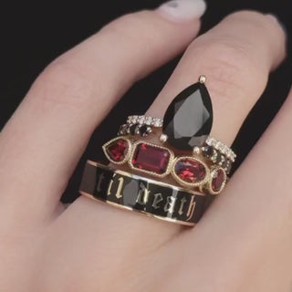 Video of the Sweet Melissa Black Onyx Ring styled three ways on hand: with a Cherry Mocha Til Death enamel band, with a garnet mixed shape band and black Til Death band, and with a silver Til Death band and Curvy Black Diamond Headdress Jacket