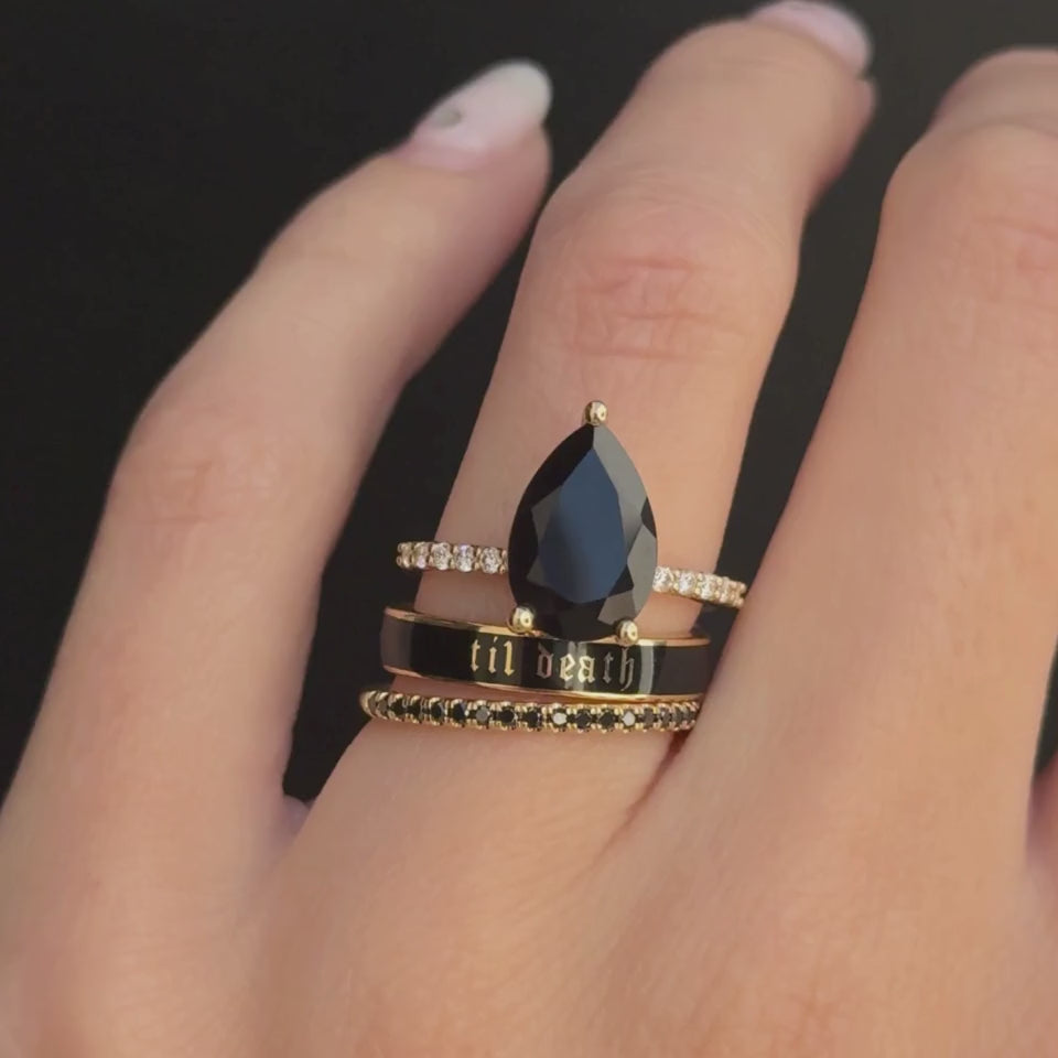 Video of the Sweet Melissa Black Onyx Ring stacked with the 4mm Til Death black enamel band and Black Diamond Whisper Band on hand