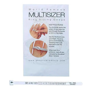 A ring sizer gauge card labeled 'Multisizer Ring Sizing Gauge' with instructions, two inset photos showing hand and wrist use, and a white metal ring sizer strip shown below on a white background.