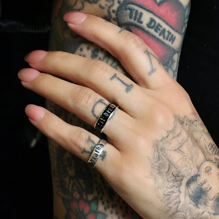 Til Death band by Til Death World in sterling silver with "til death" in Old English lettering