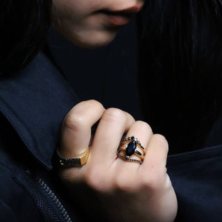 Til Death World alternative engagement ring stack with black onyx and black diamond rings